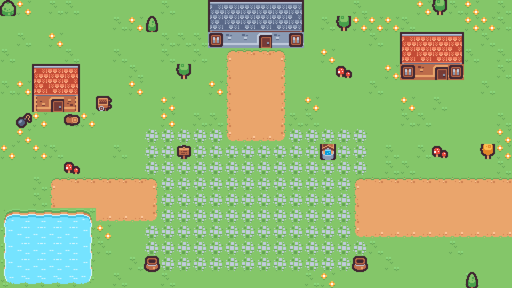 The Nudgeville Town square: houses, a pond and the shop